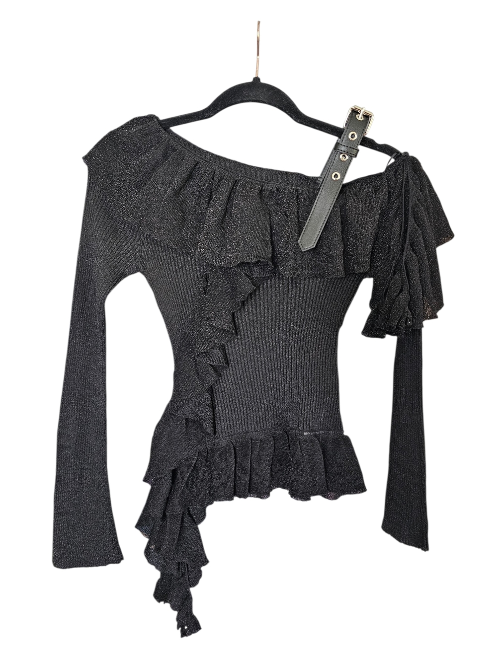 Women's Black Off-the-Shoulder Ruffle Knit Sweater